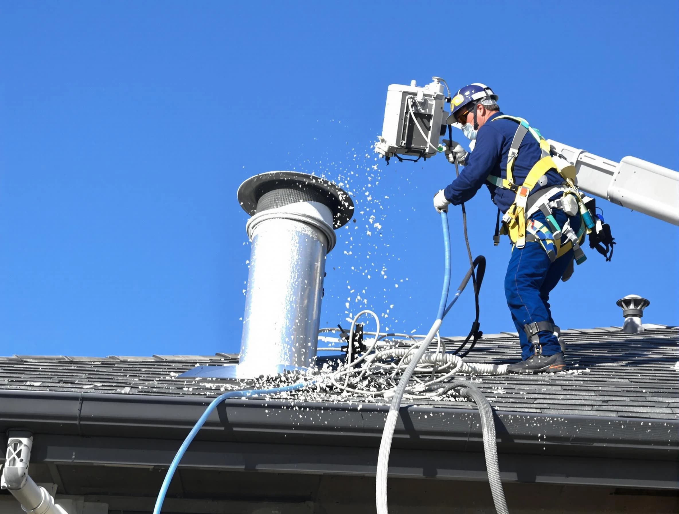 Lakeside Dryer Vent Cleaning certified technician safely cleaning a roof-mounted dryer vent in Lakeside
