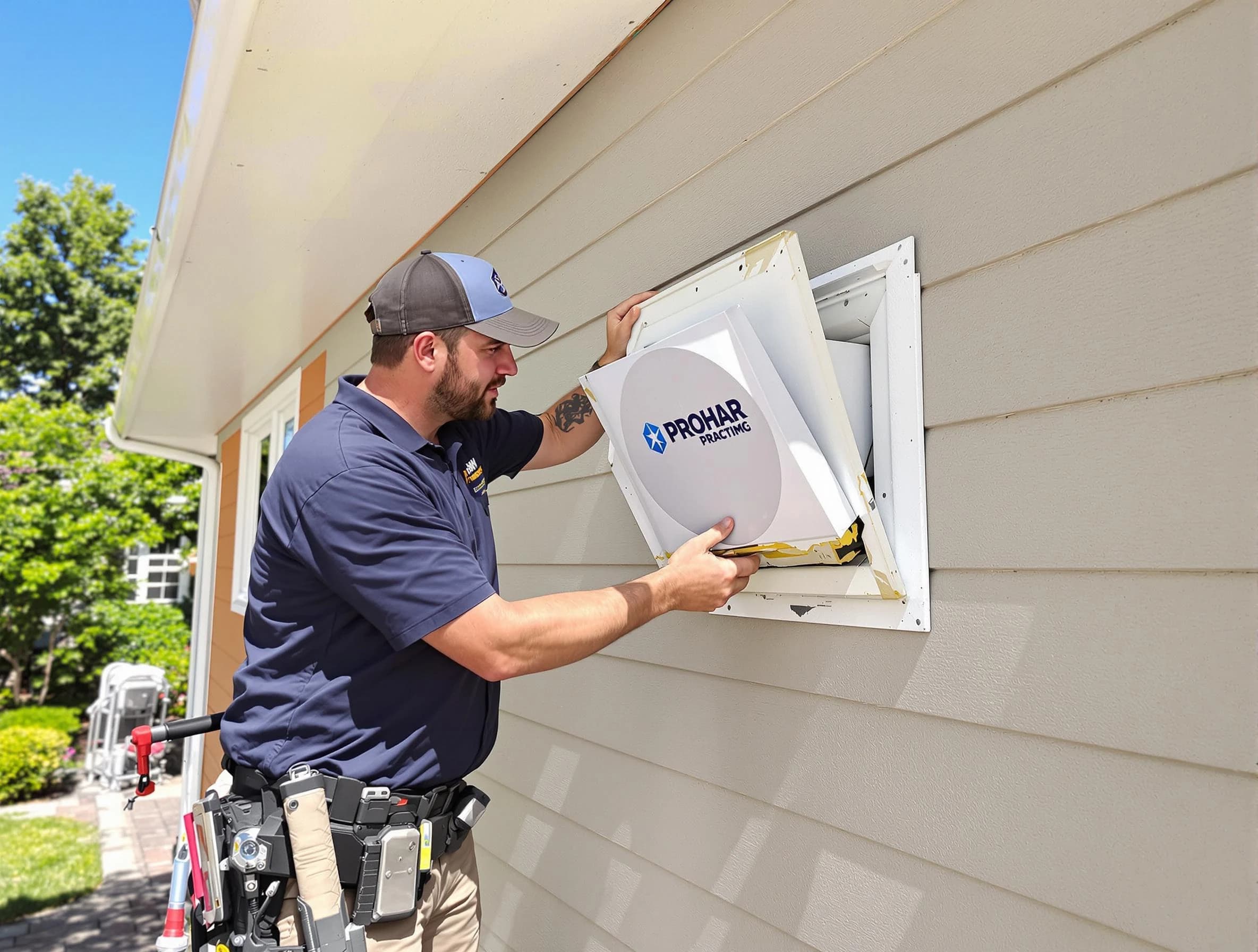 Lakeside Dryer Vent Cleaning technician installing a new protective dryer vent cover on a home in Lakeside