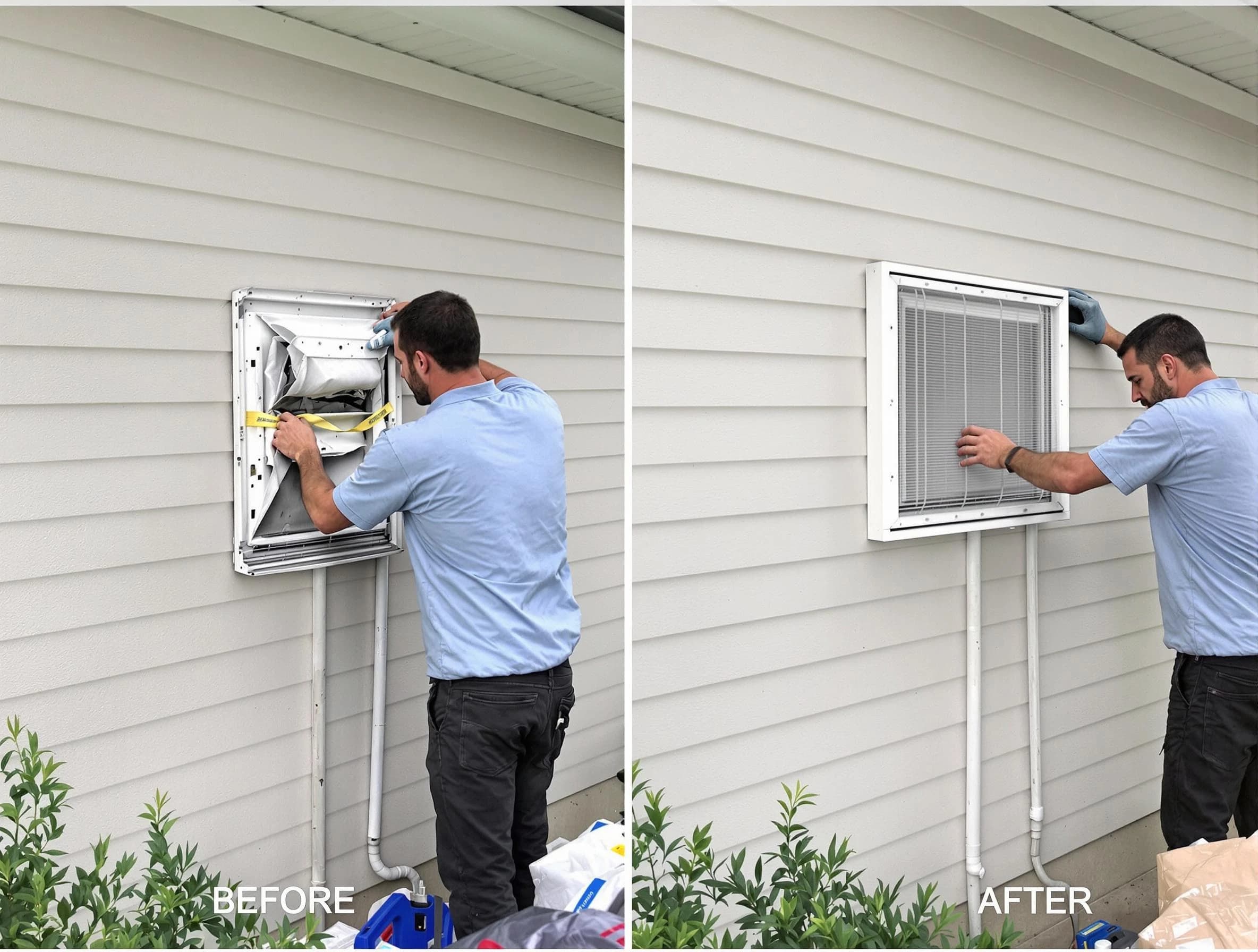 Lakeside Dryer Vent Cleaning technician installing high-quality dryer vent cover at a residential property in Lakeside